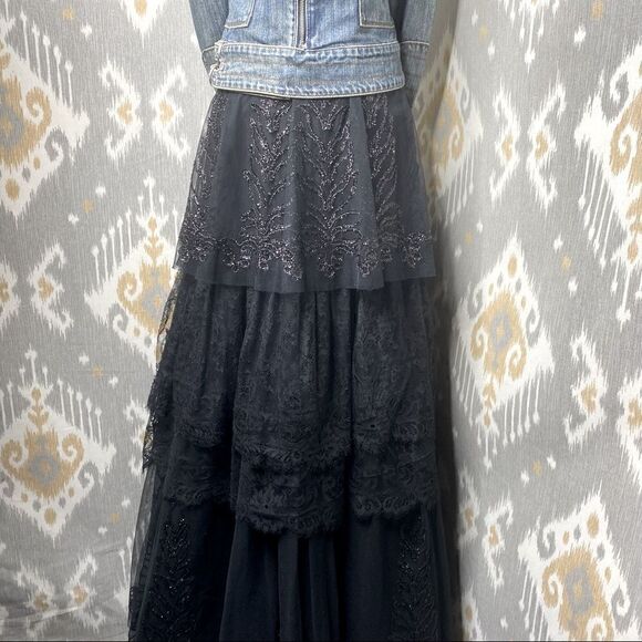 Ralph Lauren Black on Black Embroidered Tulle & Lace Tiered Maxi Ball Skirt - Picture 6 of 16